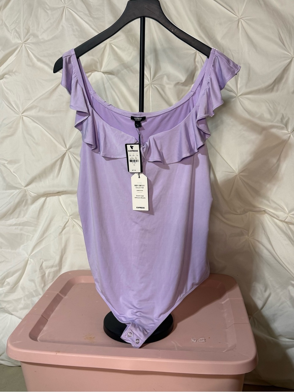 Express Lavender Ruffle-Trim Off-Shoulder Bodysuit